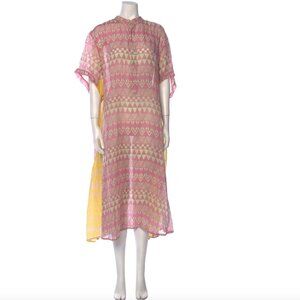 Yvonne S Nehru Paneled Geometric Print Linen Dress Pink/Yellow Size M